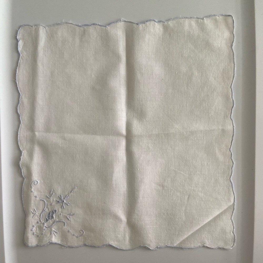 Beautiful cotton antique dollie with delicate soft blue trim